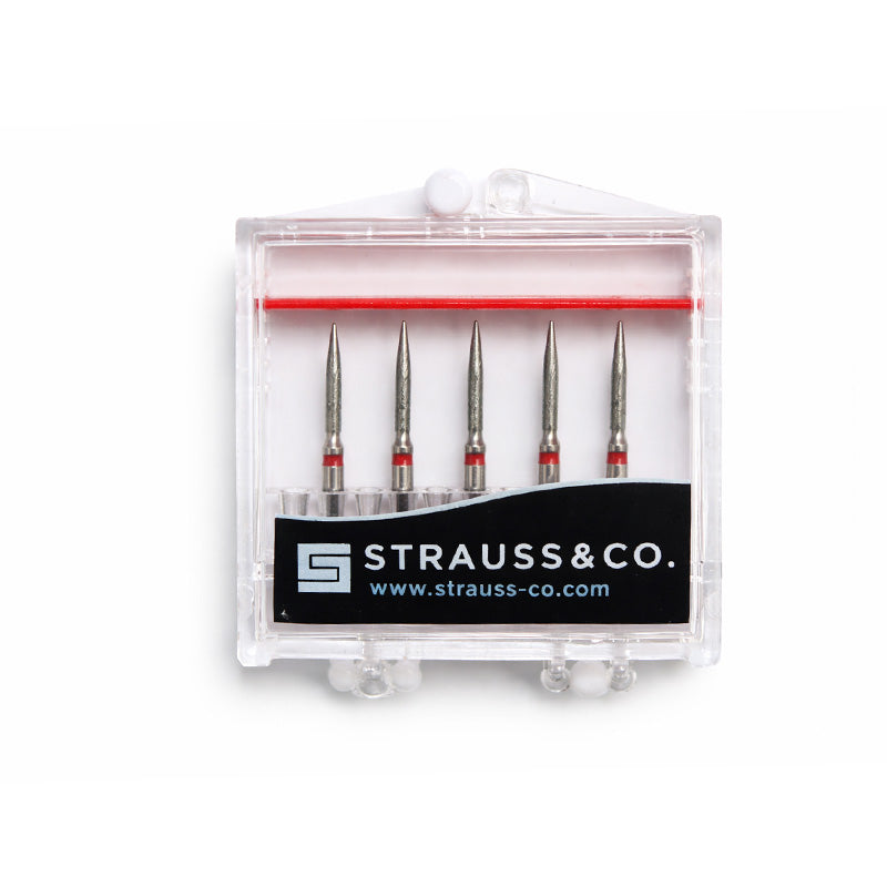 Strauss & Co FG Diamond Burs Flame 012 pack, precision dental burs for cutting and shaping in professional dental procedures.