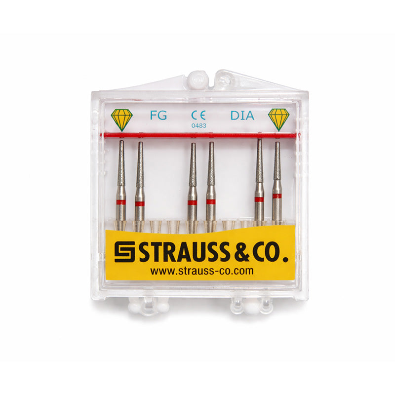 Strauss & Co FG Diamond Burs Flat End Taper 014 set of 6, dental rotary tools for precision grinding and shaping.
