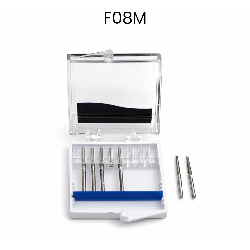 Strauss & Co FG Diamond Burs Flat End Taper 014, 6-pack, showing close-up of diamond-coated burs for dental or precision cutting.