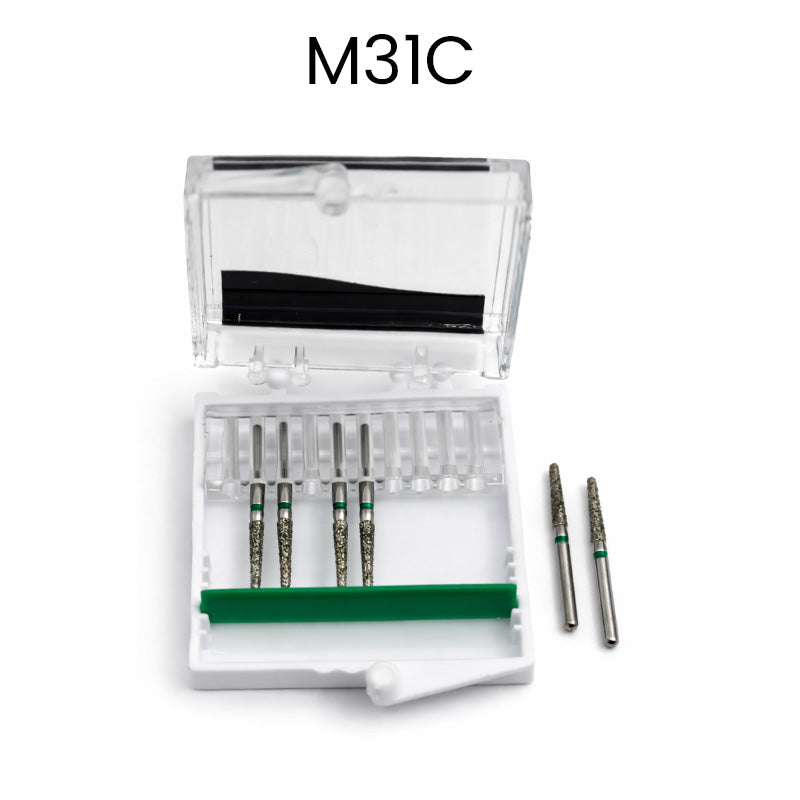 Strauss & Co FG Diamond Burs Round End Taper 016 in a 6-pack, showcasing the precision-tapered diamond dental burs for grinding and shaping.