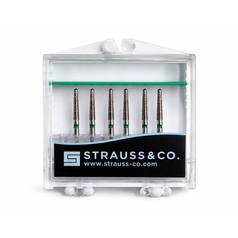 Strauss & Co FG Diamond Burs Round End Taper 016, set of 6, designed for precise dental grinding and shaping.