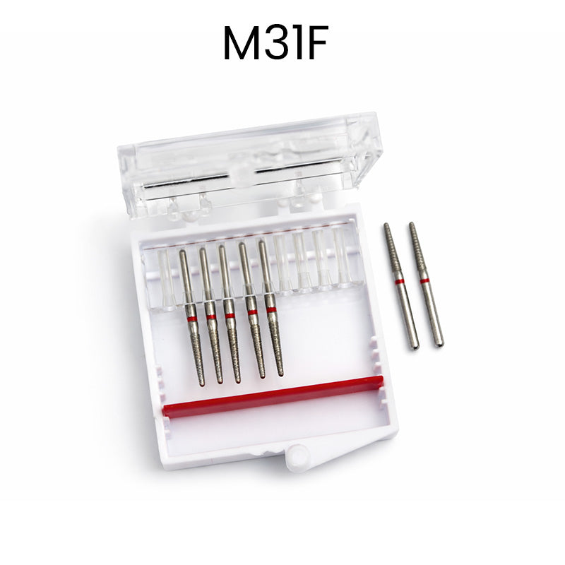 Strauss & Co FG Diamond Burs Round End Taper 016, set of 6, high-precision dental burs for shaping and grinding.