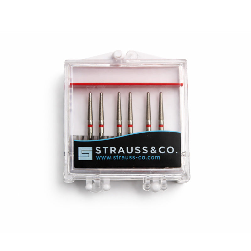 Strauss & Co FG Diamond Burs Round End Taper 016, set of 6, for precision dental or industrial grinding and shaping.