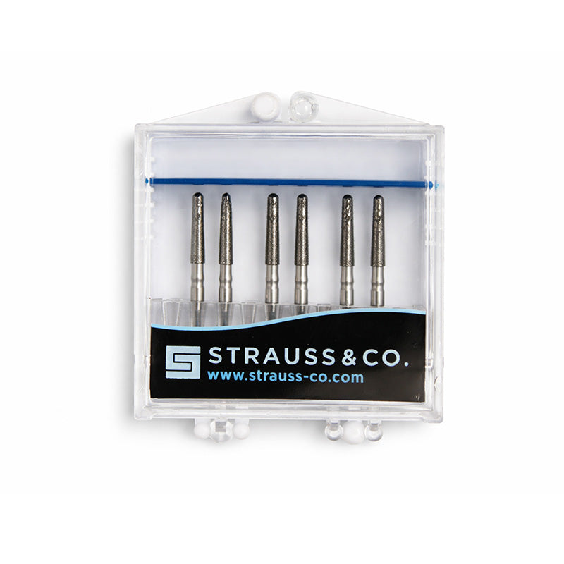 Strauss & Co FG Diamond Burs Round End Taper 016, set of 6, for precision dental or grinding applications.
