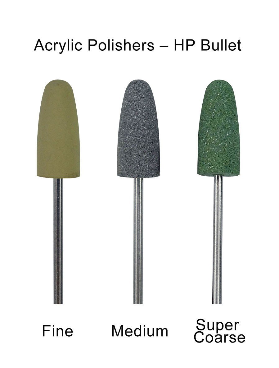 Set of Strauss & Co HP Bullet acrylic polishers for finishing, shown in a pack of 12 finishing accessories for acrylic surfaces.