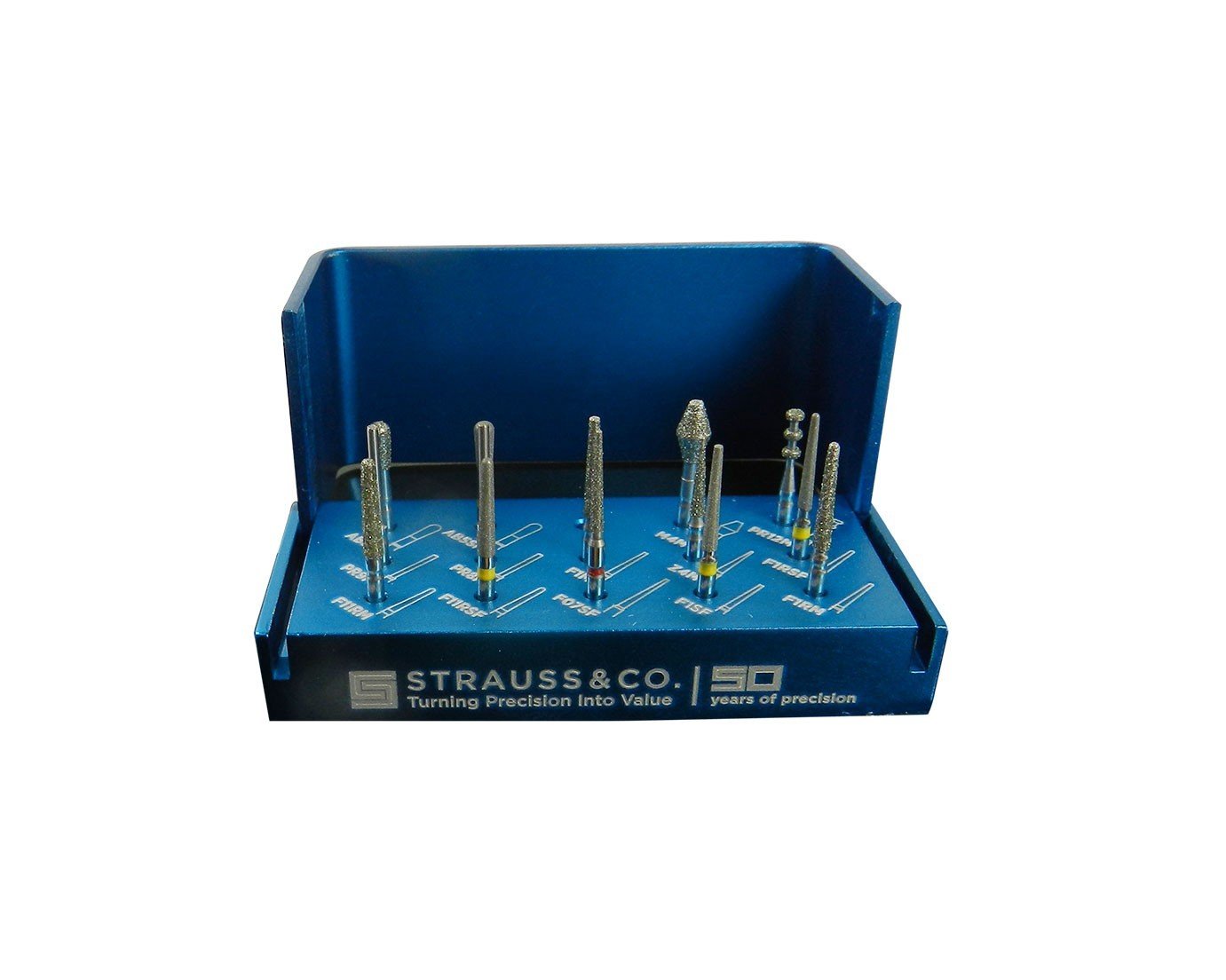 Strauss & Co Crown CR/BR preparation kit of 14 dental burs, featuring various sizes and shapes for precise tooth preparation.