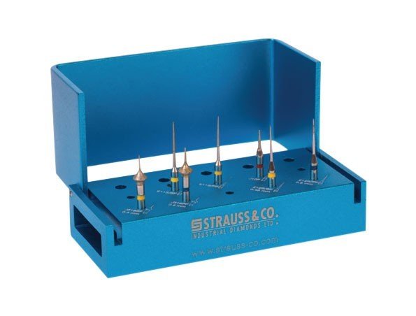 Strauss & Co Interproximal Reduction Kit of 7 burs for dental IPR procedures, shown with various burs in a kit box.
