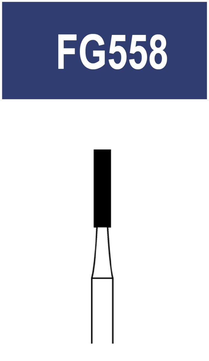 Strauss & Co tungsten carbide 6-bladed surgical cross-cut fissure bur, model FG558, shown in a pack of 10.