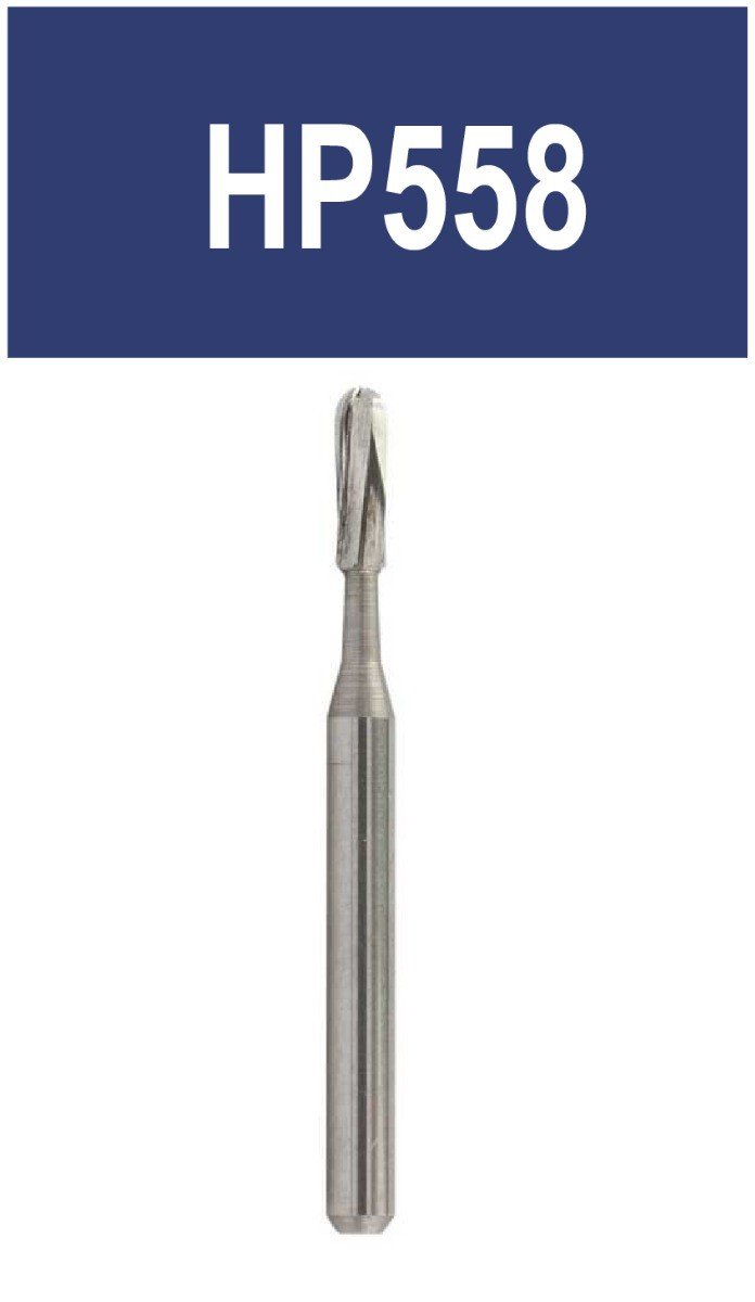 Strauss & Co 6-bladed tungsten carbide surgical cross-cut fissure bur HP 012, shown in a 5-pack.