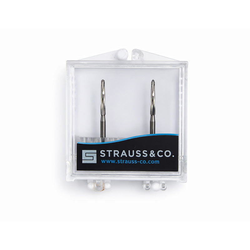 Pair of Strauss Lindemann 161 Tungsten Carbide Surgical Burs, stainless steel shanks, in a clear plastic packaging.