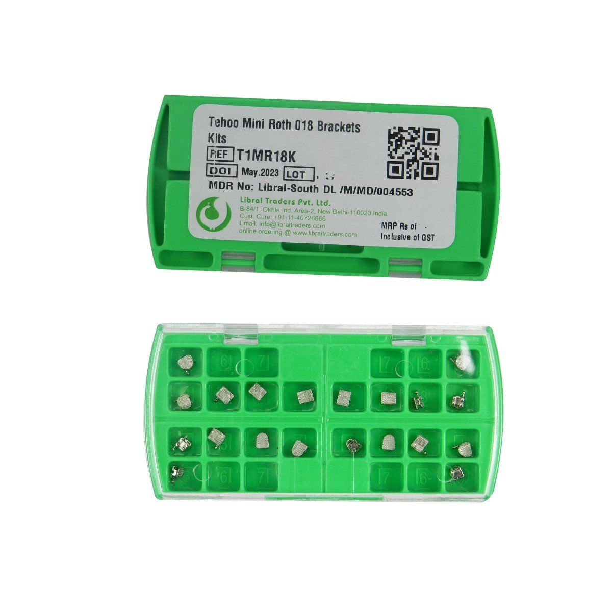 Tehoo Roth MBT standard and mini metal brackets for orthodontic use, shown in a pack of 20 brackets on a white background.