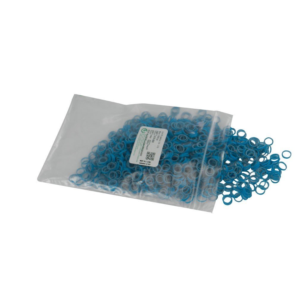 Red TP Orthodontics Col-R-Lastics elastics, orthodontic rubber bands, 3/16 inch size, 3.5 oz strength, for dental braces.