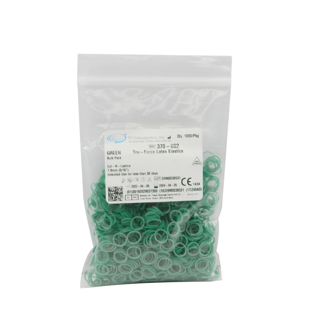 Red TP Orthodontics Col-R-Lastics elastics for orthodontic use, shown in 3/16 inch size and 3.5 oz strength.