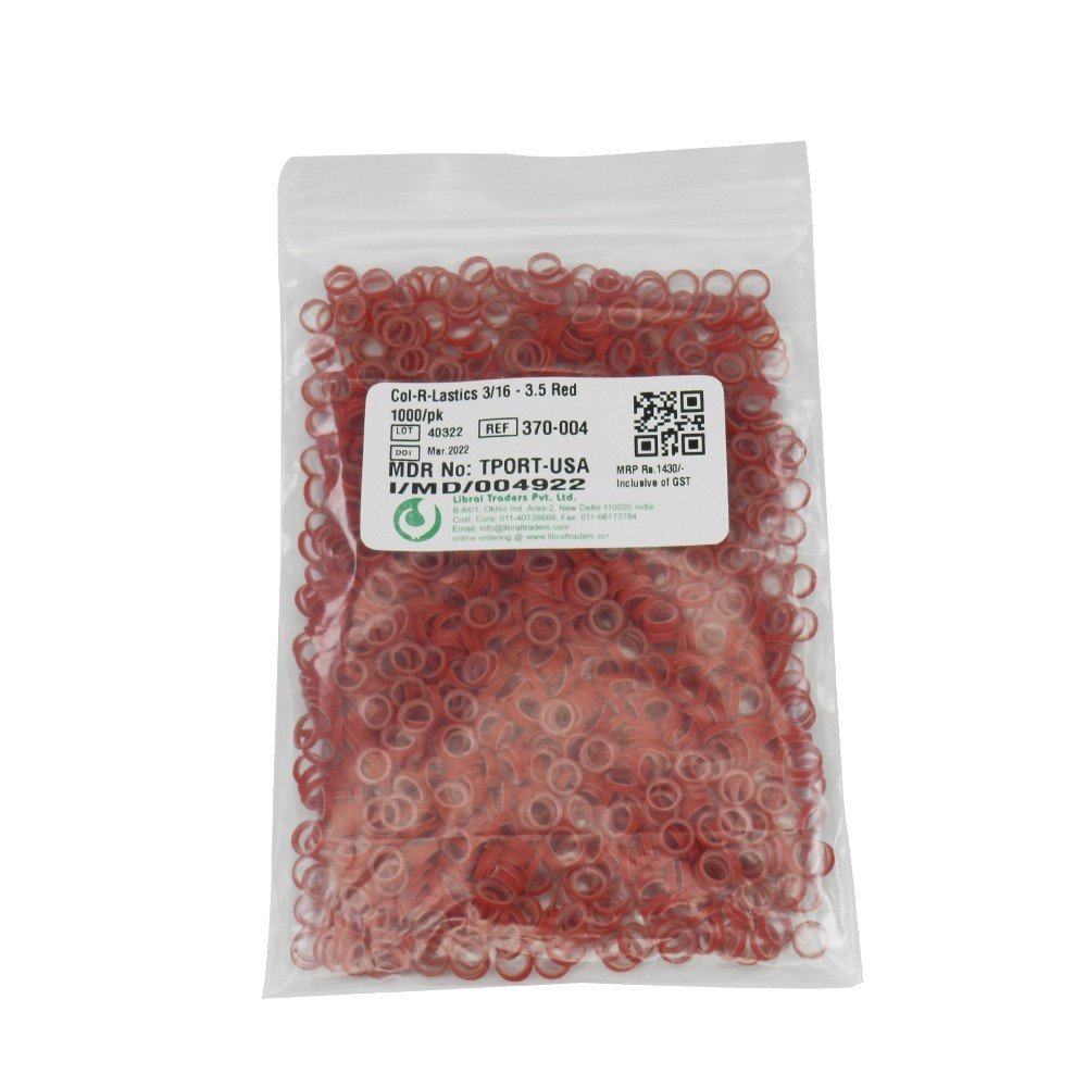 Red TP Orthodontics Col-R-Lastics elastics for orthodontic use, 3/16 inch size, designed for dental braces and orthodontic treatment