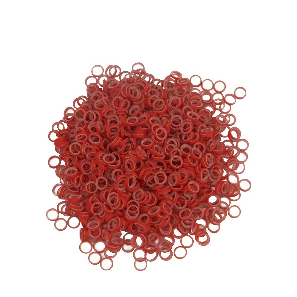 Red TP Orthodontics Col-R-Lastics elastics for braces, showcasing their vibrant color and elastic material for orthodontic use