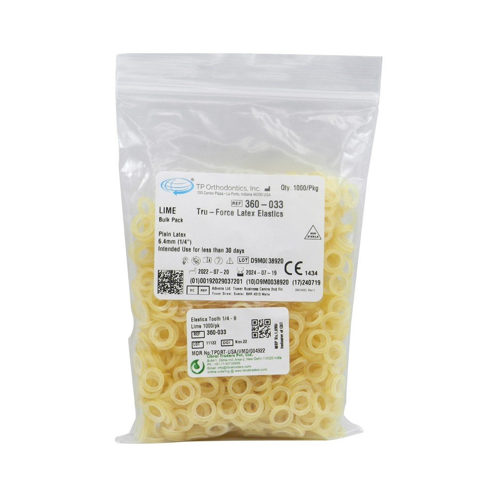 TP Orthodontics Lime Extraoral Elastics, 1/4 inch, 8 oz, used for orthodontic treatment, shown in a clear image.