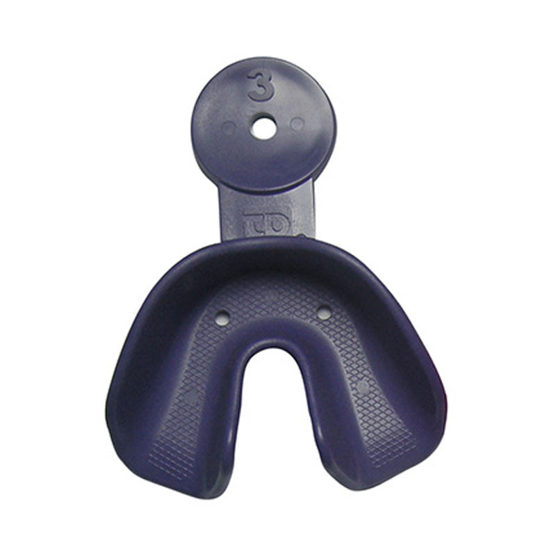 Yellow TP Orthodontics Solay disposable impression tray for lower dental impressions, shown with tray and impression material.