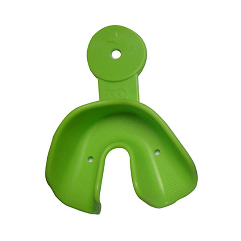 Yellow lower TP Orthodontics Solay disposable impression tray for dental impressions, shown with tray and materials.