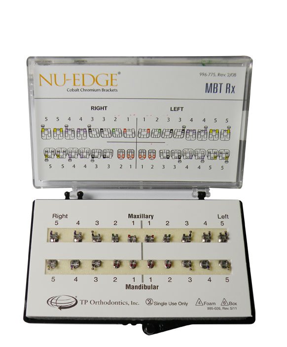 Close-up of TP Orthodontics Nu-Edge metal brackets for braces, showing the small, precise orthodontic brackets on a white background.
