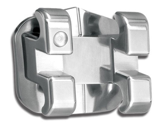 Set of 20 TP Orthodontics Nu-Edge metal brackets for orthodontic braces, shown in a close-up view.