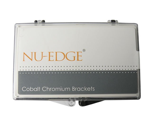 Set of 20 TP Orthodontics Nu-Edge metal brackets for orthodontic treatment, shown with close-up of the bracket design.