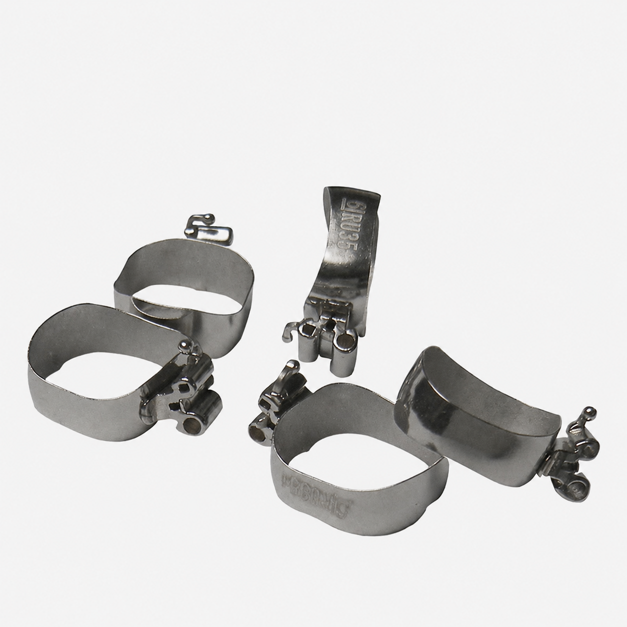 Preformed Captain Orthodontics molar bands with Roth 022 UTLD tubes, shown in a pack of five for orthodontic treatment.