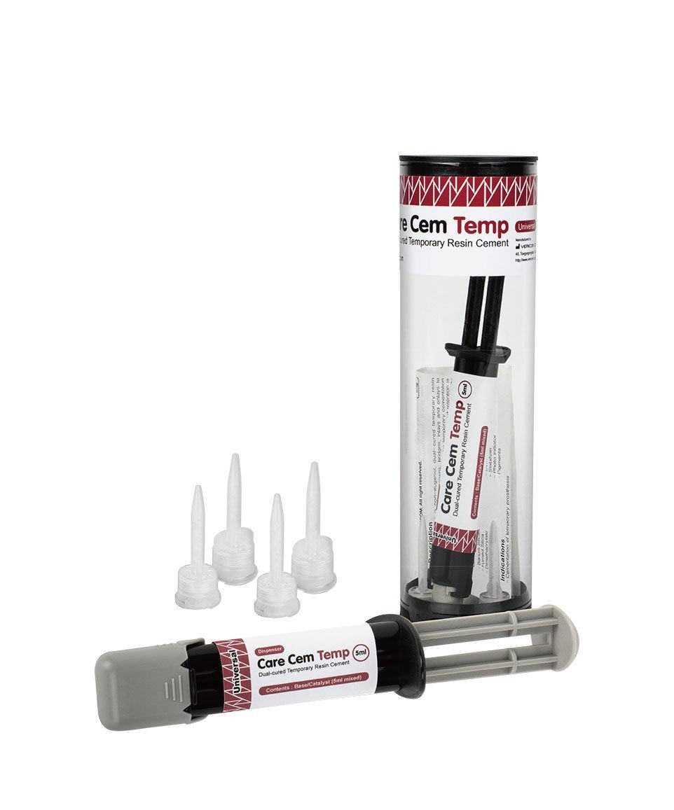 Vericom Care Cem DC temporary resin cement for dental restorations, displayed in a professional dental setting.