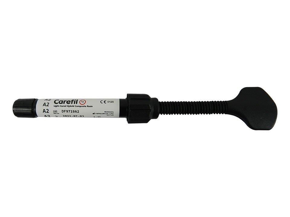 Vericom Carefil LC hybrid composite resin syringe in shade B1, used for dental restorations, by Vericom Co. Ltd.