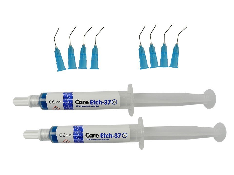 Vericom Carefil Blue Gel Etchant in two 5ml syringes, dental etchant gel by Vericom Co. Ltd, with blue-tinted gel visible in syringes