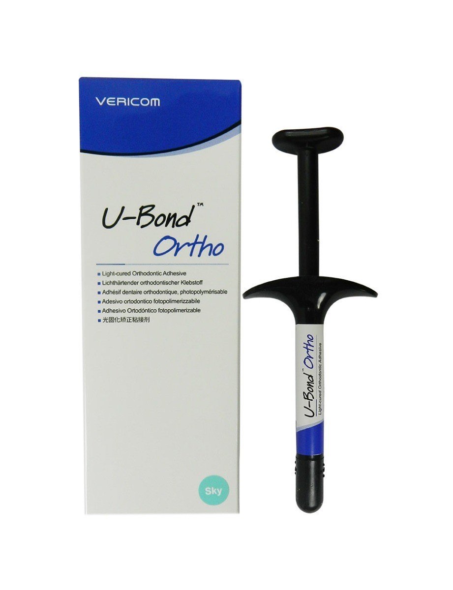Vericom U-Bond LC Orthodontic Adhesive light cure syringe with primer kit, used for bonding orthodontic brackets.