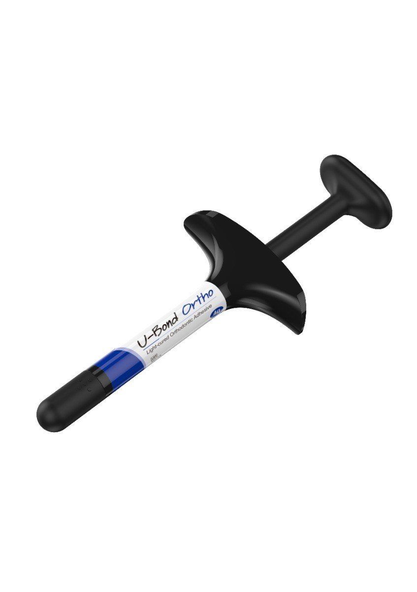 Vericom U-Bond LC orthodontic light cure adhesive syringe with primer kit, used for dental bonding and orthodontic applications.