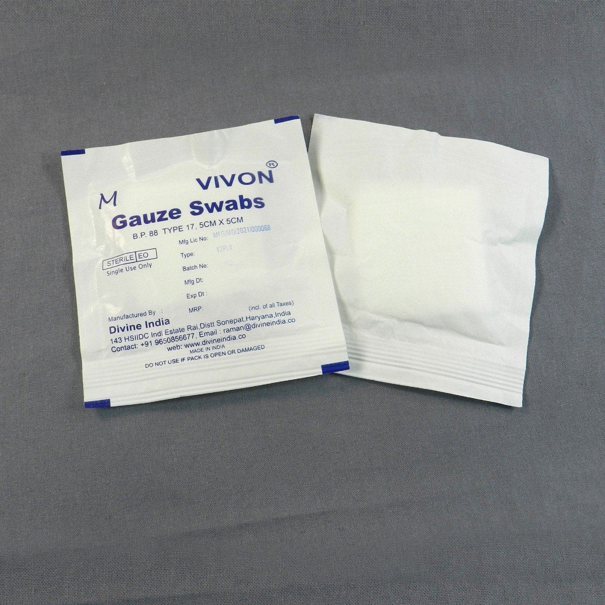 Vivon absorbent pre-sterile cotton gauze swabs, 5x5 cm, 12-ply, sterile medical gauze for wound care.
