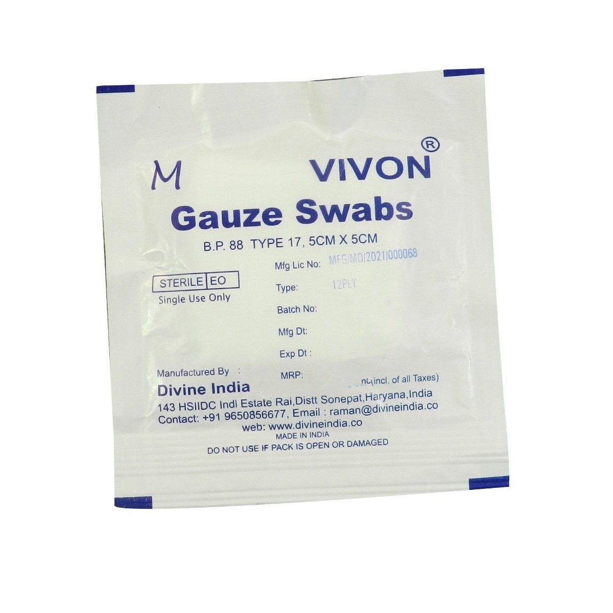 Vivon absorbent pre-sterile cotton gauze swabs, 5x5 cm, 12-ply medical gauze for wound care and dressing.